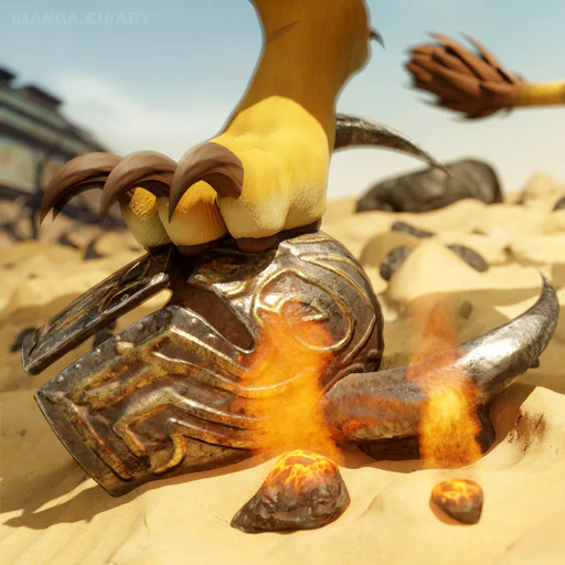 3D close-up render of a charr foot paw with yellow fur and long brown claws, resting on a broken helmet somewhere in a desert. Burning embers are scattered around the helmet, and a blurry pyramid is visible in the background.
