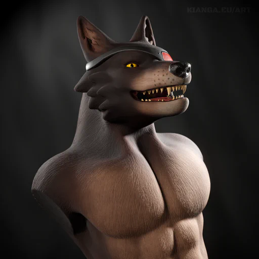 3D render of a sculpted arm-less bust, featuring my charr warrior as a wolf: dark brown fur, with lighter fur on his muscular chest, one yellow eye, the other covered with a red eye patch. He's looking kinda happy/excited at something slightly off to the side.
