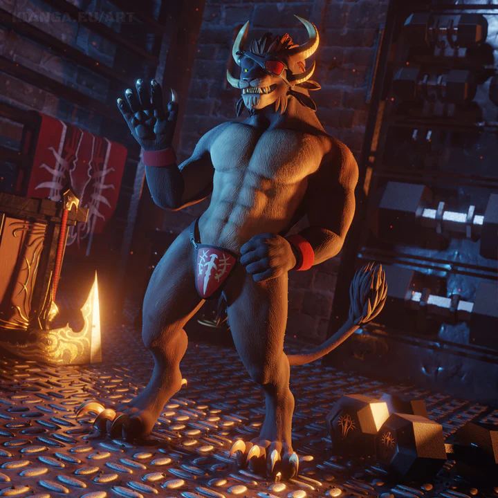 3D render of a male charr with brown fur standing in an industrial-themed gym, with weights and other equipment in the background. He's wearing only minimal clothing - a Blood Legion jockstrap, his red eye patch, and red sweat bands on his wrists, while blue and orange lights coming from the sides are highlighting his physique. He seems to be well aware of it, and is grinning and waving at the viewer with his right paw.

