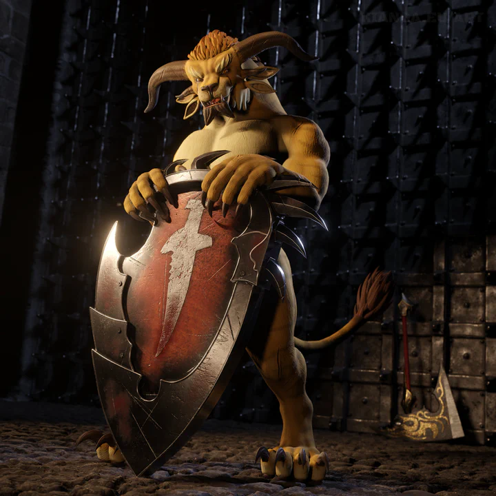 3D render of a male charr with yellow fur standing in front of a massive iron gate. He's not wearing any clothes, but he's resting his hand paws on a large tower shield in front of him, with the Blood Legion emblem on it. Behind him in the distance, his battle axe is leaning against the gate.

