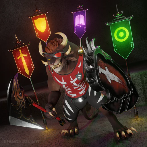 3D render of a charr warrior in black shorts and a red tank top, wielding a battle axe and a large tower shield with the Blood Legion emblem. He has brown fur, one yellow eye, and a red eye patch, is in a combat pose and looking at the viewer with a challenging grin. Behind him there are four colorful banners with different symbols: a yellow sword on a red background, a yellow shield on a red background, a light pink book on a dark purple background, and a light green bullseye on a dark green background - all banners used by the warrior profession in the MMO Guild Wars 2.
