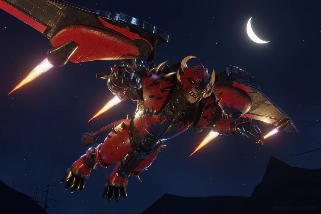 3D render of a charr warrior in full steel battle armor with red accents, flying with a rocket-propelled glider against the dark blue night sky. A crescent moon is visible in the top right corner behind him.
