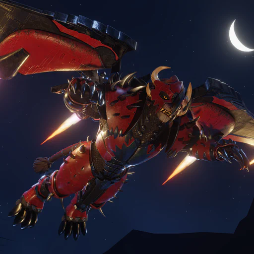 3D render of a charr warrior in full steel battle armor with red accents, flying with a rocket-propelled glider against the dark blue night sky. A crescent moon is visible in the top right corner behind him.

