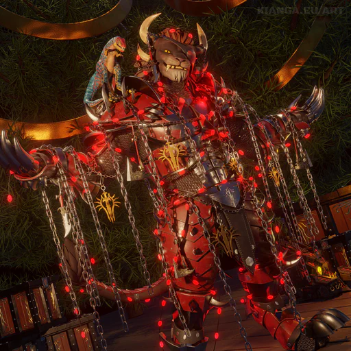 3D render of a male charr in full battle armor made of red painted steel, with his arms spread to the side and red Christmas lights and charr-themed decorations (chains, little knives, axes, and Blood Legion emblems) draped all over him. He's standing in front of a large Christmas tree with gold decorations and boxes next to him.
