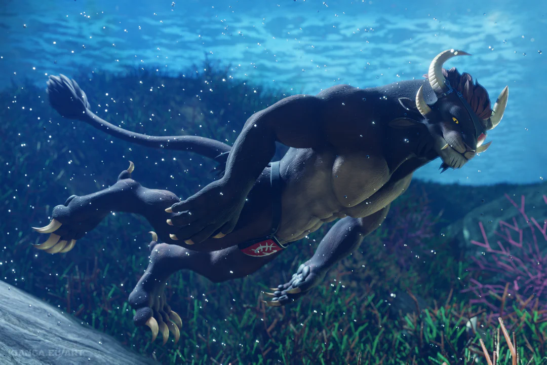 3D render of a male charr swimming calmly underwater. He has brown fur, ivory-colored horns and claws, one yellow eye, and a red eye patch, and is wearing only a jockstrap with the Blood Legion emblem. It looks like he is searching the ground for something. Sunlight from above the surface is illuminating the environment, reflecting off of dozens of little air bubbles rising up. Seaweed and other aquatic plants cover most of the ground.
