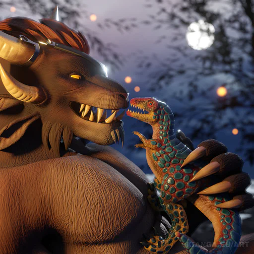 Close-up 3D render of a male charr with a pocket raptor sitting on his bare chest. It has its teeth dangerously close to the charr's nose but he doesn't look worried, smiling and petting its back with one paw. In the unfocused background you can see a nighttime sky with a full moon, some fireflies, and the dark outline of a tree.
