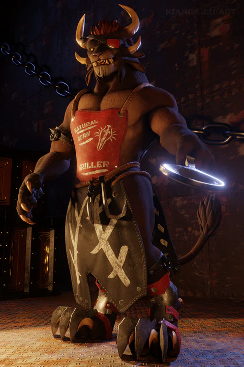 Full-body 3D render of a male charr warrior with a red eye patch, wearing a charr-themed cook's outfit: A red chef's apron with the Blood Legion emblem and the text "Natural Born Griller", a thick cord around his waist with various meat hooks, leather straps with rings and spikes around his biceps and calves, and steel boots with sharp steel blades between his claws. He's standing in dark environment with a rusty steel wall behind him, looking down and pointing a large steel spoon at the viewer.

