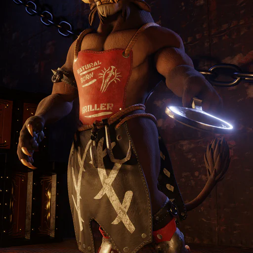 Full-body 3D render of a male charr warrior with a red eye patch, wearing a charr-themed cook's outfit: A red chef's apron with the Blood Legion emblem and the text "Natural Born Griller", a thick cord around his waist with various meat hooks, leather straps with rings and spikes around his biceps and calves, and steel boots with sharp steel blades between his claws. He's standing in dark environment with a rusty steel wall behind him, looking down and pointing a large steel spoon at the viewer.
