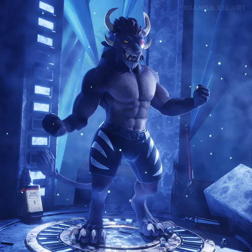 3D render of a shirtless male charr with a red eye patch and black shorts, standing on the ruins of a Frost Legion conversion chamber, with discarded whiskey bottles all around him. He's making a taunting pose and showing off his muscles.
