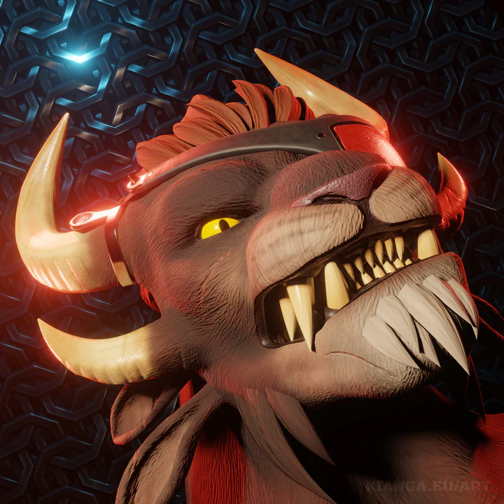 Close-up 3D render of a male charr looking fierce, his teeth bared. He has brown fur, one yellow eye, and a red eye patch covering the other. The scene is abstract, with bright red rim lights highlighting his ivory-colored horns against a steel mesh background with blue reflections.
