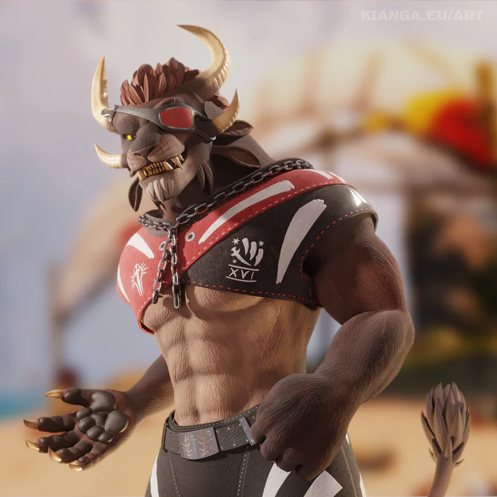 3D render of a male charr with brown fur and a red eye patch on a beach. He's wearing black shorts and a black and red sleeveless "crop top" that just barely covers the upper half of his chest. It is held loosely by a simple iron chain draped around his neck like the strings of a hoodie.
