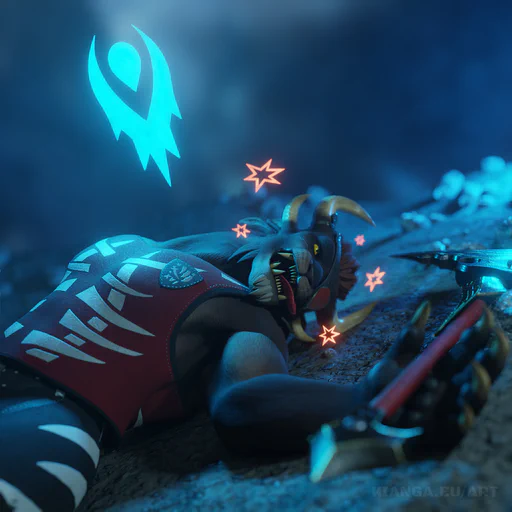 3D render of a male charr with brown fur, lying unconscious on sandy ground with his tongue hanging out. Cartoony orange stars swirl around his head, and a blue glowing "defeated" symbol hovers above him. His battle axe lies on the ground next to him, still in his limp paw.
