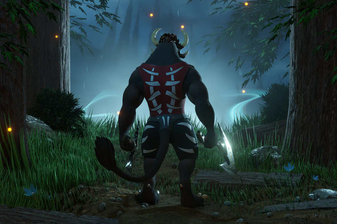 3D render of a male charr warrior with brown fur, standing at the edge of a forest with his back to the viewer. It is night time, and the scene is only illuminated by pale moonlight. Two massive tree trunks frame the scene on the left and right, with tall grass and bushes between them. The charr appears to be off-duty, wearing a casual outfit with a bright red Blood Legion tank top and black shorts. He's still holding two large battle axes and staring off into the distance, where you can see the faint outline of the Frost Citadel, almost obscured by mist and a magic blue glow.
