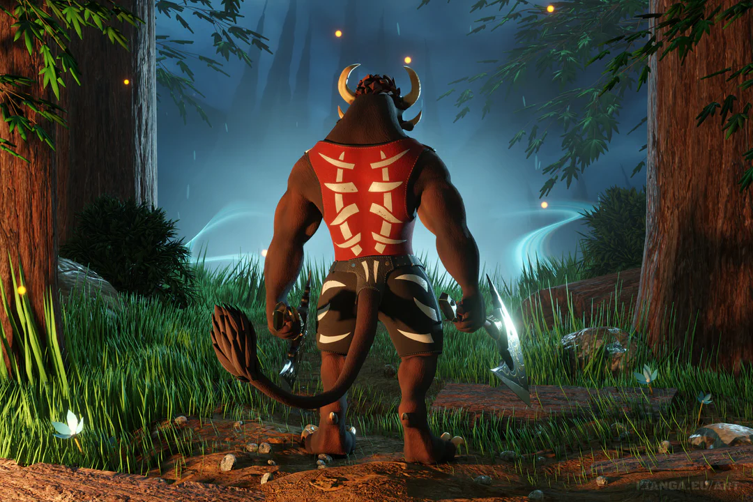 3D render of a male charr warrior with brown fur, standing at the edge of a forest with his back to the viewer. It is night time, but the scene is lit by warm light from a campfire somewhere off screen. Two massive tree trunks frame the scene on the left and right, with tall grass and bushes between them. The charr appears to be off-duty, wearing a casual outfit with a bright red Blood Legion tank top and black shorts. He's still holding two large battle axes and staring off into the distance, where you can see the faint outline of the Frost Citadel, almost obscured by mist and a magic blue glow.
