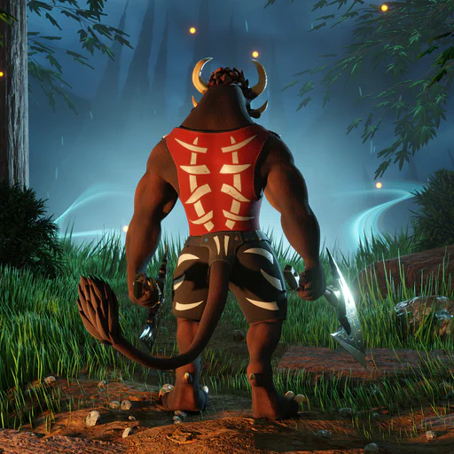 3D render of a male charr warrior with brown fur, standing at the edge of a forest with his back to the viewer. It is night time, but the scene is lit by warm light from a campfire somewhere off screen. Two massive tree trunks frame the scene on the left and right, with tall grass and bushes between them. The charr appears to be off-duty, wearing a casual outfit with a bright red Blood Legion tank top and black shorts. He's still holding two large battle axes and staring off into the distance, where you can see the faint outline of the Frost Citadel, almost obscured by mist and a magic blue glow.
