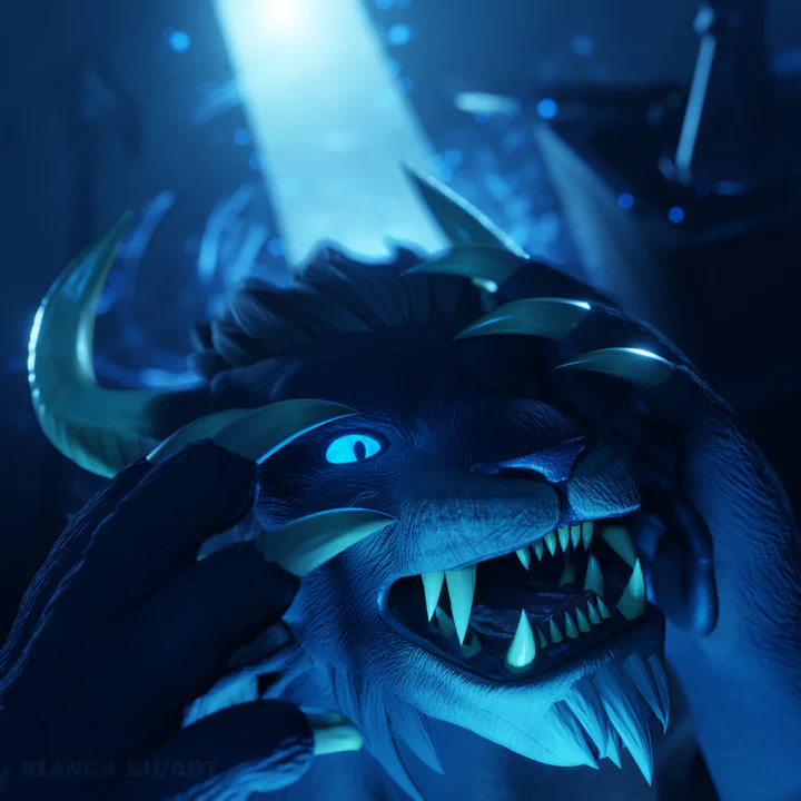 Close-up 3D render of a male charr with blue glowing eyes, screaming and holding his paws to his face as if just woken from a nightmare. The whole scene is tinted blue and happening inside a tent at night, with spooky light and magical particles streaming into the tent.
