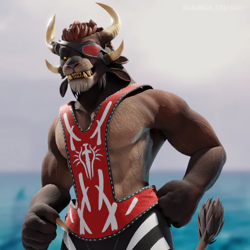 3D render of a male charr with brown fur and a red eye patch, against a beach background. He's wearing a "shirt" where most of the sides and arms are cut away, so it's basically just a strip of fabric around the waist and another narrow strip going up along the chest and then splitting up to go over the shoulders. It's colored in bright red with white Blood Legion markings.
