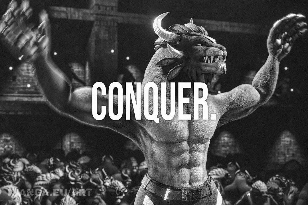 Grayscale 3D render of a shirtless male charr standing with his back to a large crowd, looking proud, with arms raised in triumph. The word "CONQUER" in bold white letters appears over the center of the picture. It's a recreation of a famous picture with Arnold Schwarzenegger.
