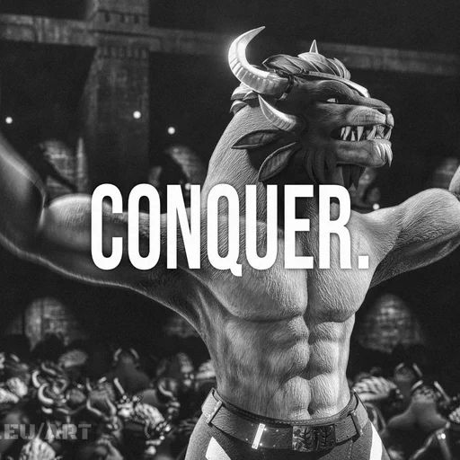 Grayscale 3D render of a shirtless male charr standing with his back to a large crowd, looking proud, with arms raised in triumph. The word "CONQUER" in bold white letters appears over the center of the picture. It's a recreation of a famous picture with Arnold Schwarzenegger.

