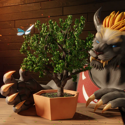 3D render of a male charr with blue eyes, a yellow mane, and dark gray fur, looking with fascination at a bonsai tree in a hexagonal clay pot. His right paw is close to the tree, claws almost touching it, the other is resting on the wooden table where some green leaves have fallen. It's an indoor scene but there are warm sunbeams coming from the left, and there's a blue butterfly sitting on one of the branches.
