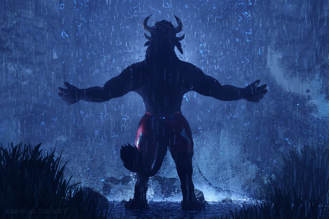 Night-time 3D render of a male charr in swim trunks, standing in heavy rain and facing a waterfall with his back to the viewer. His arms are spread like he's enjoying the water, and his form is mostly a dark silhouette against a diffuse blue light coming from the waterfall. The scene is framed by long grass on the left and right, and you can barely make out a rock wall behind the waterfall.
