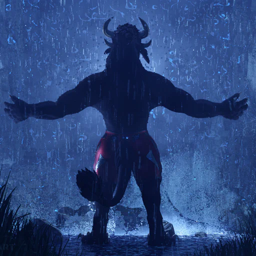Night-time 3D render of a male charr in swim trunks, standing in heavy rain and facing a waterfall with his back to the viewer. His arms are spread like he's enjoying the water, and his form is mostly a dark silhouette against a diffuse blue light coming from the waterfall. The scene is framed by long grass on the left and right, and you can barely make out a rock wall behind the waterfall.
