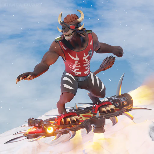 3D render of a male charr in black shorts, red tank top, and red eye patch, standing in a snowy landscape on top of what looks like a charr-built hoverboard with multiple thrusters and fierce looking spikes.
