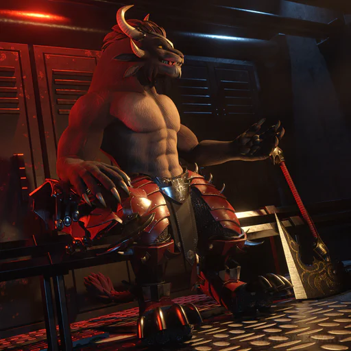 3D render of a of a male charr warrior with brown fur, sitting in a dimly lit locker room as he is discussing a recent battle with his warband mates (out of frame). He's shirtless, but still wearing his red-painted steel leg armor and boots, right hand paw resting on his helmet, his battle axe to his left.
