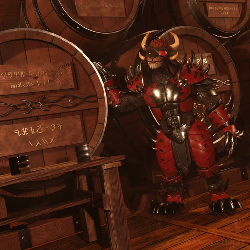 3D render of a male charr with a red eye patch in full battle armor, visiting a whiskey brewery. He’s leaning against a large wooden barrel with golden letters in New Krytan script, and looking very excited at the camera.
