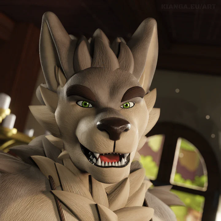 3D bust render of an anthropomorphic wolf with light gray fur and green eyes, looking at the viewer with a smile and showing his sharp teeth.
