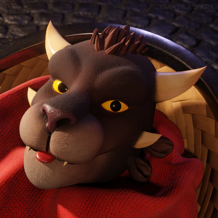3D render of a tiny charr cub in a basket. He has brown fur, yellow eyes, and short ivory horns, and is covered with a red Blood Legion blanket so only his head is sticking out. He's looking at the viewer curiously with his little tongue sticking out. Blep!

