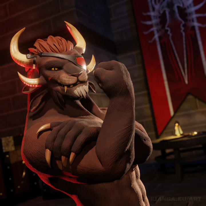 3D render of a shirtless male charr with brown fur and a red eye patch. He's flexing his biceps and looking at you with a confident smile, teeth slightly bared.

