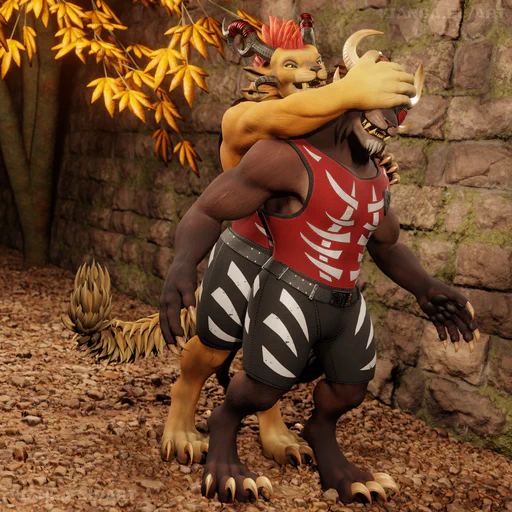 3D render featuring two characters in an outdoor setting: a female charr is standing behind a male charr and holding a paw over his eyes. He looks surprised but is smiling, like they're just having fun. She has golden fur and eyes and a red mane, he has brown fur, yellow eyes, and a red eye patch. Both are wearing short black pants and red tank tops with a Blood Legion design.
