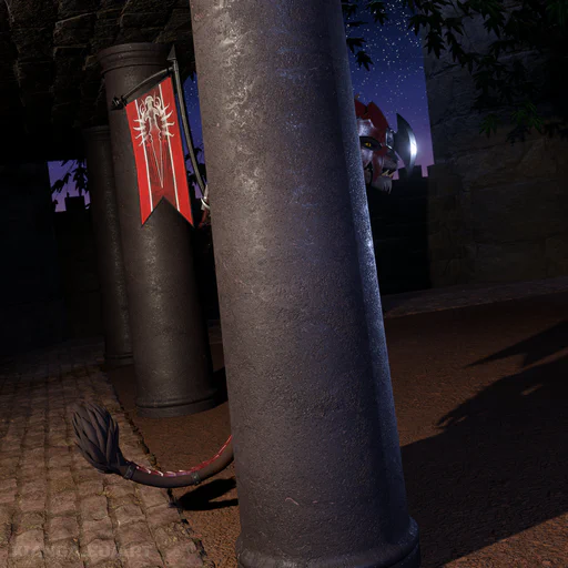 3D render of a castle courtyard at night. There's a charr warrior hiding behind a large stone pillar, but he's ridiculously easy to spot: The red Blood Legion banner on his back sticks out from the pillar in plain sight, brightly illuminated by nearby torchlight, as well as his tail and his helmet with a sharp metal blade attached to it.
