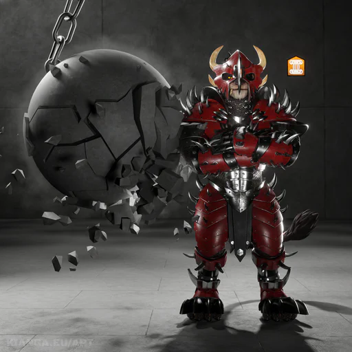 3D render of a male charr in red steel armor, standing with his arms crossed in a room with a concrete wall and floor. A large wrecking ball is slamming into him from the left and shattering into dozens of pieces, while the charr is completely unaffected, looking calmly just past the viewer. Just to the right of his head, there's an orange symbol floating in the air - the icon for the "stability" effect in Guild Wars 2 that prevents a character from getting knocked down.
