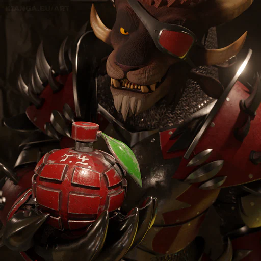3D render of a charr in full battle armor. He's holding a red hand grenade in the shape of an apple, with a green leaf as the safety pin. 
