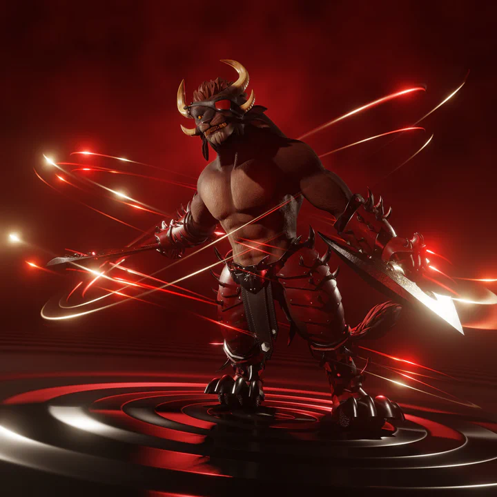 3D render of a male charr warrior wearing full Blood Legion steel armor except for the chestplate, swinging two battle axes that leave magical glowing trails in the air. He's standing in an abstract environment on a steel surface that looks almost like quicksilver, with waves going outwards from where he's standing.
