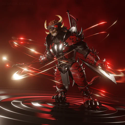 3D render of a male charr warrior wearing full Blood Legion steel armor, swinging two battle axes that leave magical glowing trails in the air. He's standing in an abstract environment on a steel surface that looks almost like quicksilver, with waves going outwards from where he's standing.
