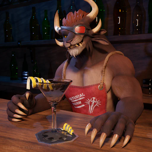 3D render of a charr with brown fur in a red apron, standing behind a bar. There's a cocktail glass with the Ash Legion emblem in front of him, filled with a clear liquid and two decorative lemon slices.
