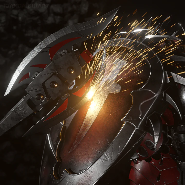 3D render of a polearm weapon clashing against a large steel shield, sparks flying. Both the weapon and the shield have a Blood Legion design.
