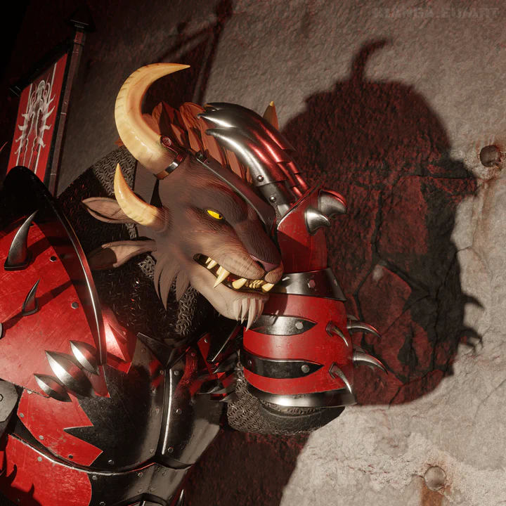 3D render of a male charr in full steel armor next to a concrete wall. He's holding his head like he's in pain. The wall next to him has a large crack that's suspiciously the same size as his head.
