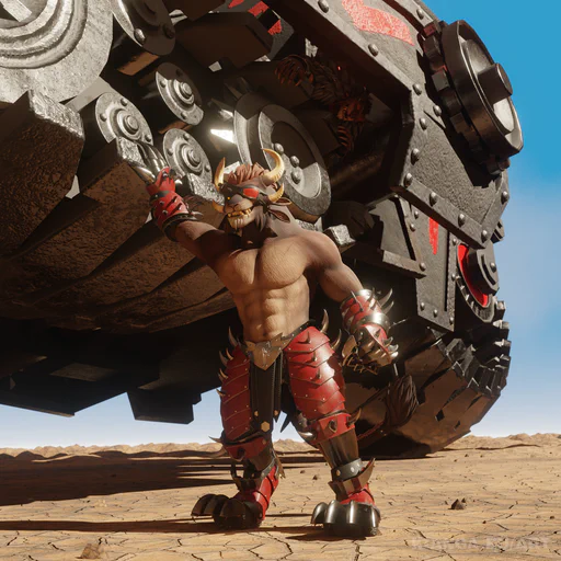 3D render of a male charr in a desert environment. He's casually leaning against a massive battle tank next to him, easily ten times his size, making it look like he's holding it up with one hand. He's wearing a red eye patch, red steel leggings, boots, and gauntlets, but nothing on his chest, so he can show off just how strong he is.
