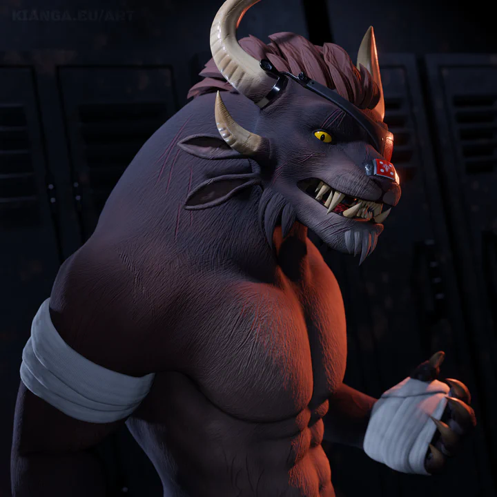 3D waist-up render of a male charr with brown fur, yellow eyes, and a red eye patch. He's shirtless, chest and neck covered in scratch marks that look like a cat's. Bandages are wrapped around his right bicep and left hand, and he has a red band-aid on his nose. He's looking slightly past the viewer with a shocked expression, as if not sure what happened to him.

