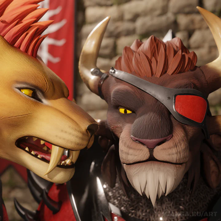 3D close-up render of two charr, both wearing steel armor. One male with a red eye patch, looking straight towards the camera with a slightly sad expression, and a female charr yelling at him angrily with her muzzle pretty close to his. There's a Blood Legion banner hanging on a brick wall in the background.
