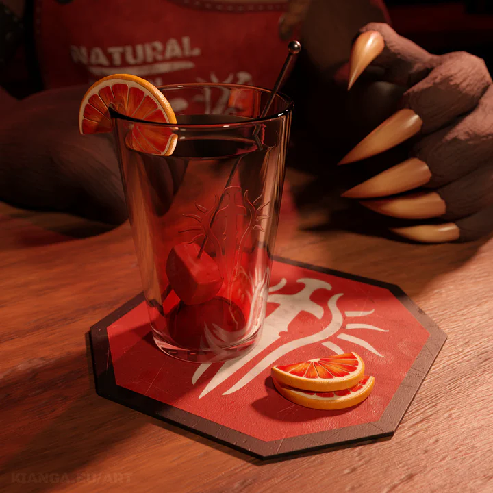 3D render of a cocktail standing on a red coaster with the Blood Legion emblem on it. There's a red liquid in the glass, with a chunk of raw meat on a cocktail skewer, and a slice of blood orange.

