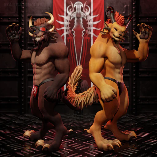 3D render of two charr standing back to back in front of a Blood Legion banner and waving at the viewer. A male charr with brown fur and a red eye patch on the left, and a female charr with golden fur on the right. Both are only wearing loincloths, showing off their muscles.
