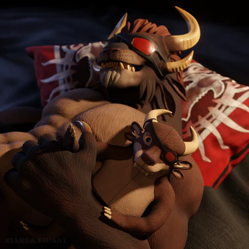 3D render of a male charr with brown fur and a red eye patch, sleeping peacefully on a dark gray blanket and two red Blood Legion themed pillows. He's holding a plush in his arm that looks just like him.
