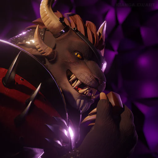 3D render of a male charr wearing red steel armor and a red eye patch in an abstract environment with purple lighting. He's eating a piece of chocolate, grinning at the viewer. It's clear he regrets nothing.
