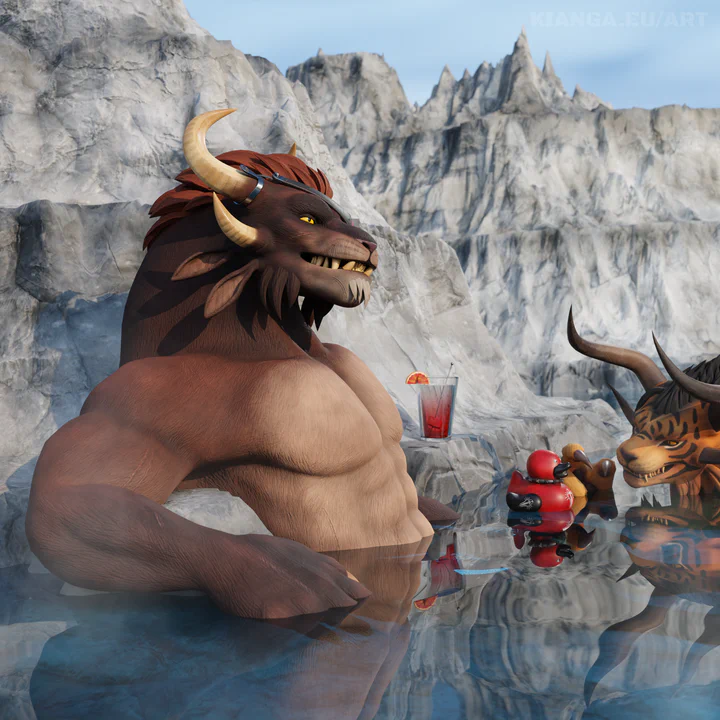3D render of a male charr with brown fur and yellow eyes, resting in hot springs with deep blue water and white cliffs in the background. There is a fancy cocktail standing next to him on a rock. A red and black rubber duck floats in the water in the background, and another charr with orange fur and black tiger strips seems very interested in it.
