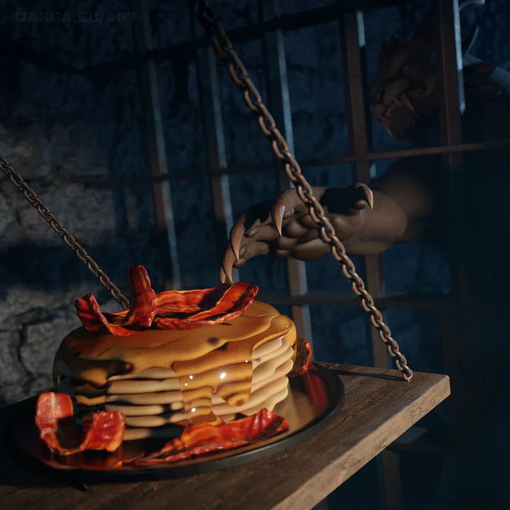 3D render of a charr with brown fur behind the steel bars of a dark prison cell. He's reaching through the bars with one paw, trying desperately to reach a plate of delicious looking pancakes covered with syrup and bacon, but it's just barely out of reach.

